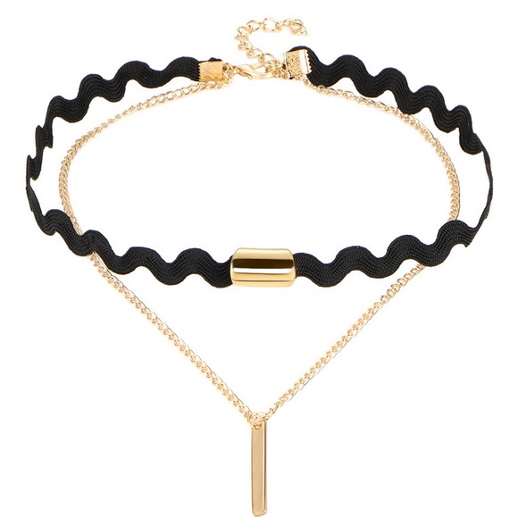 Jewelry - Double Choker Black Zig Zag Gold Pendant Necklace